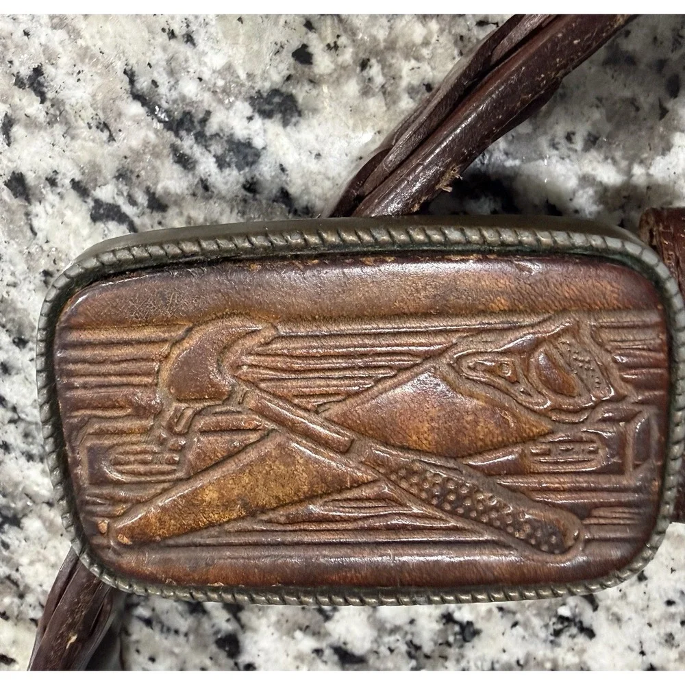 Leather Hand Tooled Woven Brown Belt Carpenter Buckle Hammer Saw Mexico Size 40